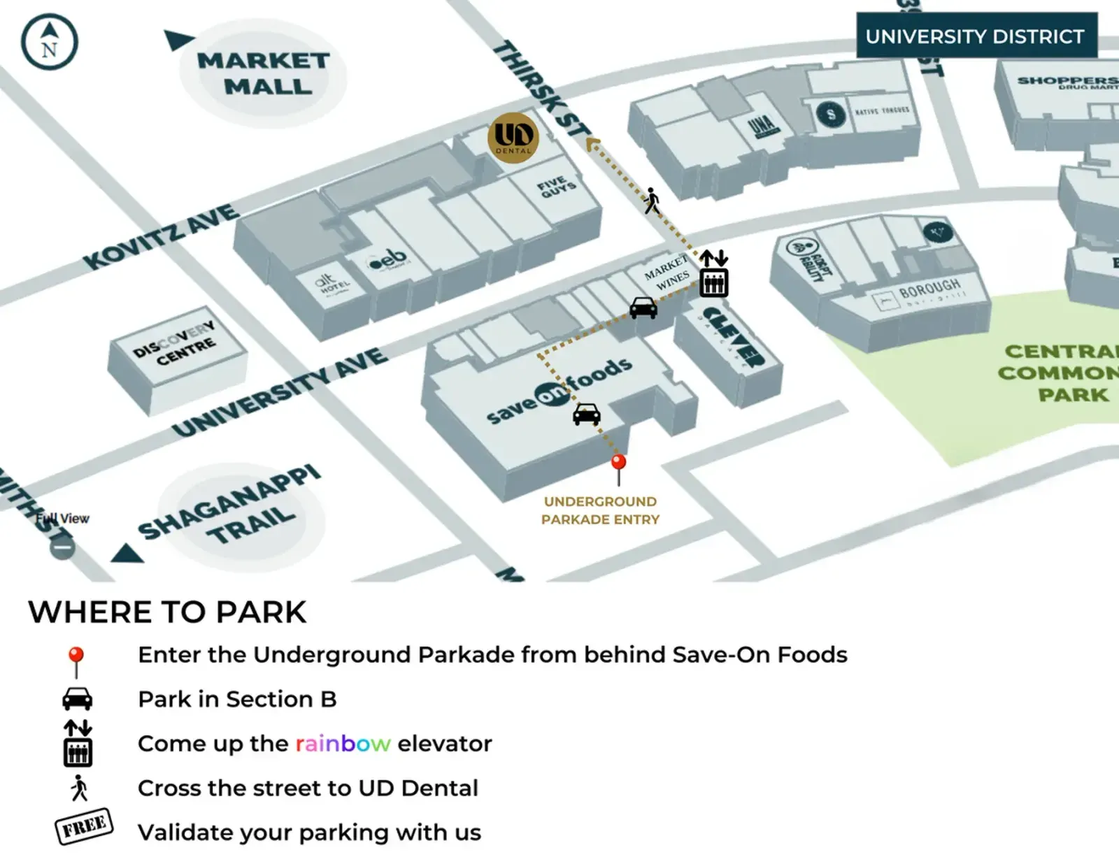 Map of the free parking near University District Dental