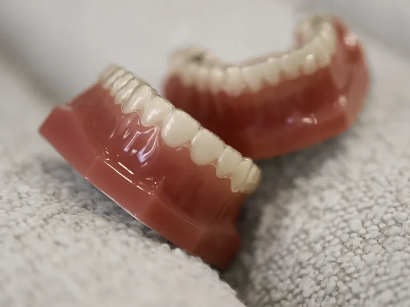 Two dental models of lower teeth and gums resting on a white towel